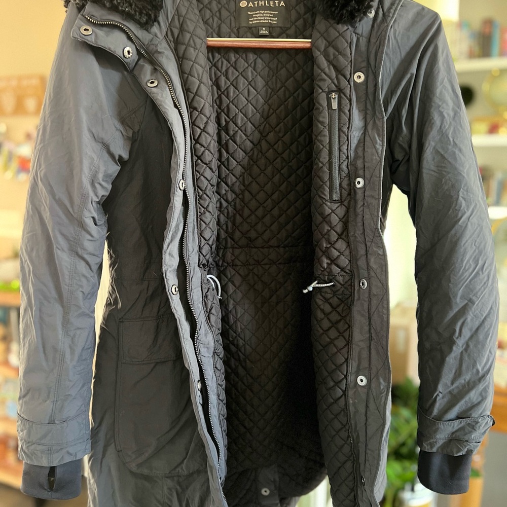Athleta Black Coat with Hood and Quilted Lining